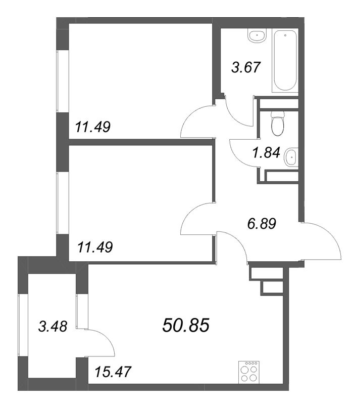3-комнатная (Евро) квартира, 50.85 м² в ЖК "Дубровский" - планировка, фото №1
