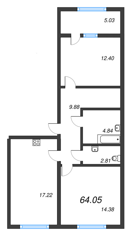 3-комнатная (Евро) квартира, 64.05 м² - планировка, фото №1