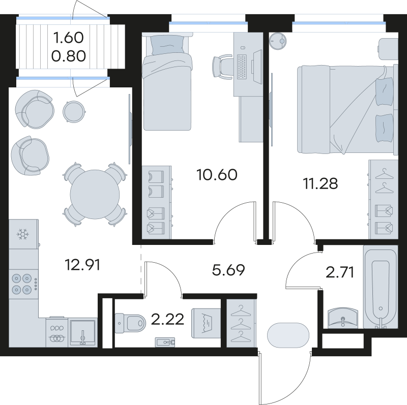 2-комнатная квартира, 46.21 м² в ЖК "GloraX Новоселье" - планировка, фото №1