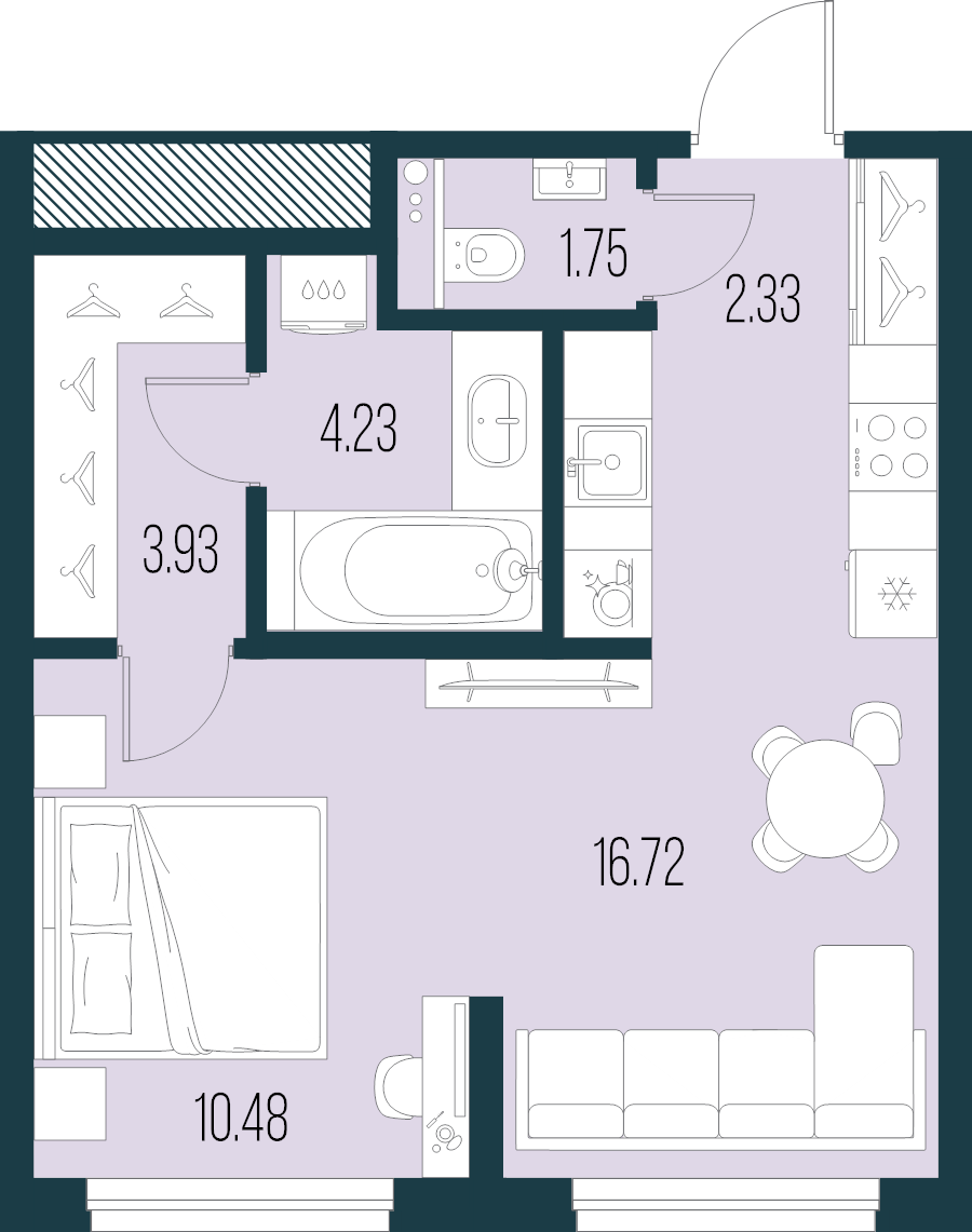 2-комнатная (Евро) квартира, 39.44 м² - планировка, фото №1