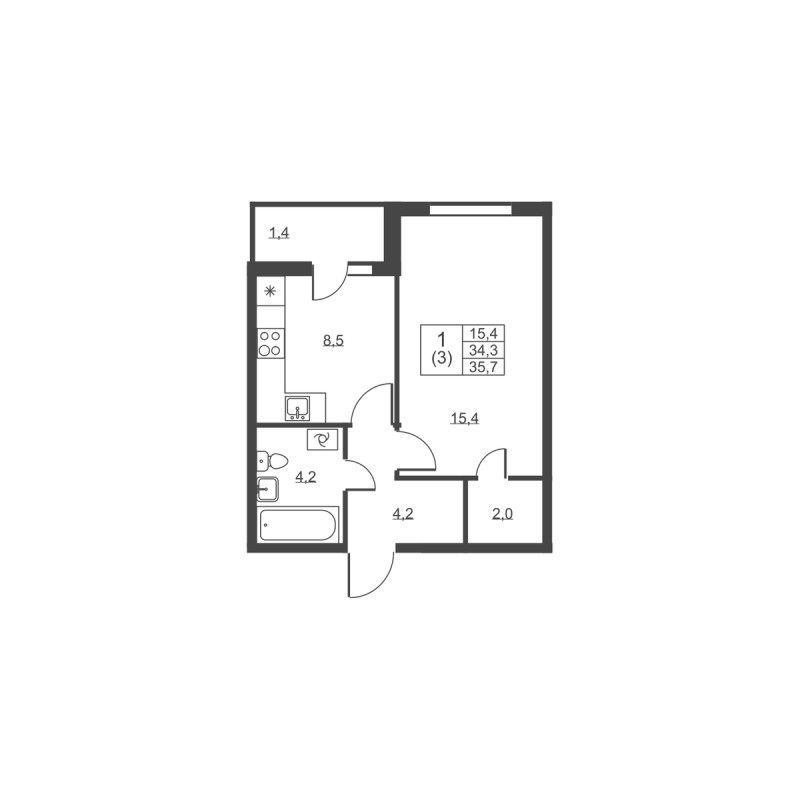 1-комнатная квартира, 35.7 м² в ЖК "Ермак" - планировка, фото №1
