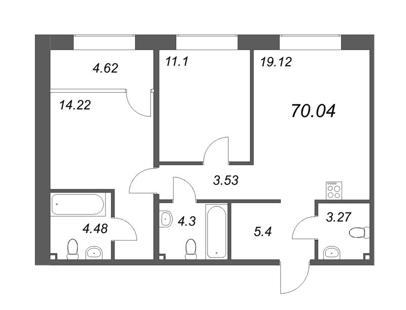 3-комнатная (Евро) квартира, 70.04 м² - планировка, фото №1