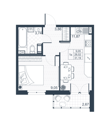 1-комнатная квартира, 29.86 м² в ЖК "Ново-Антропшино" - планировка, фото №1