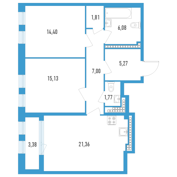 2-комнатная квартира, 74.51 м² - планировка, фото №1