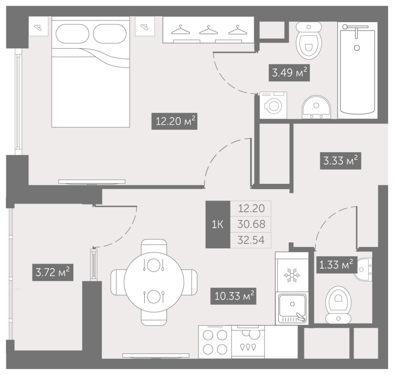 1-комнатная квартира, 32.54 м² - планировка, фото №1