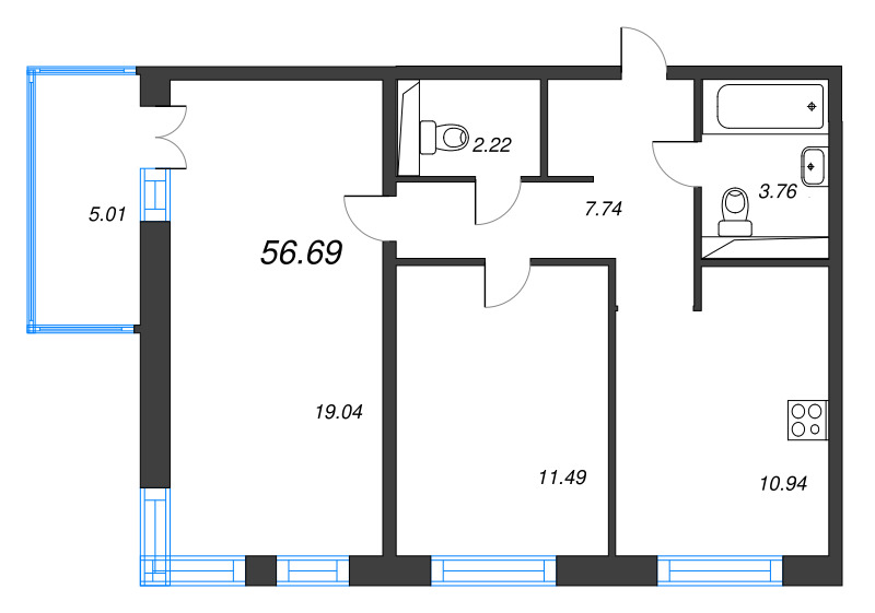 2-комнатная квартира, 56.69 м² в ЖК "Арт Парк" - планировка, фото №1