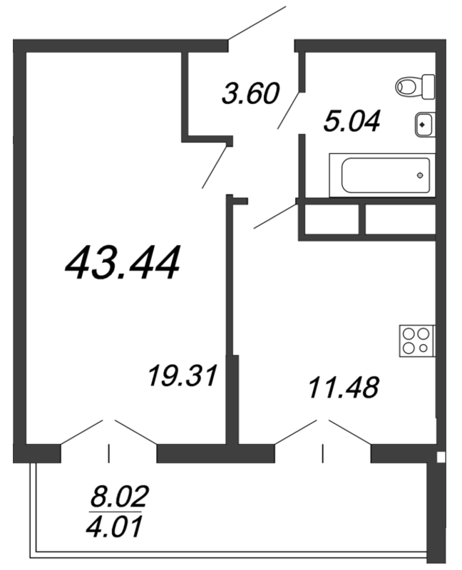 1-комнатная квартира, 43.7 м² - планировка, фото №1
