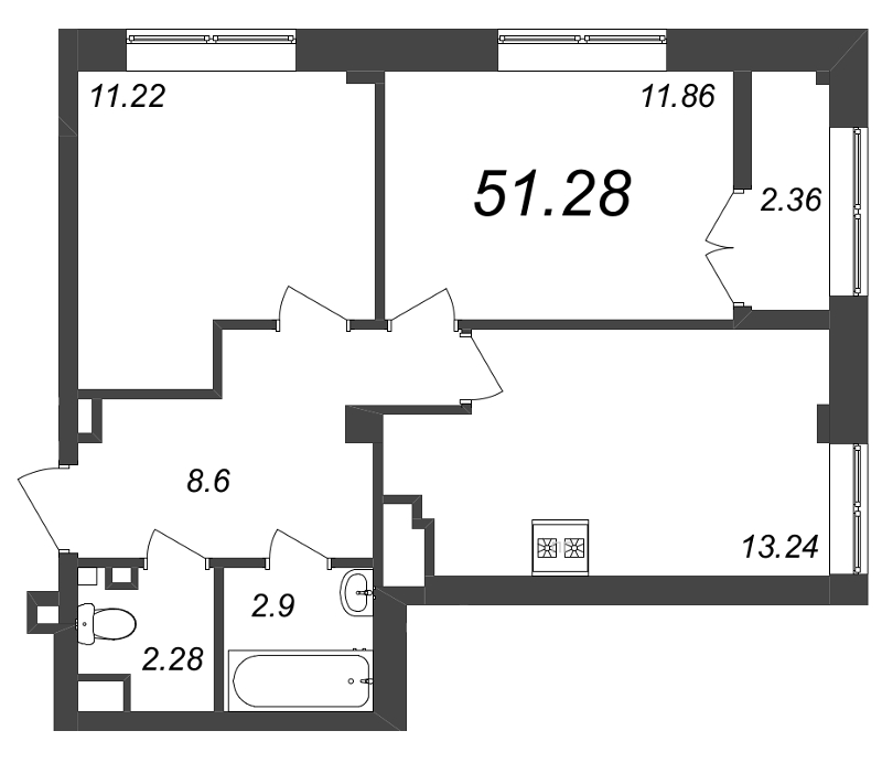 2-комнатная квартира, 51.28 м² - планировка, фото №1