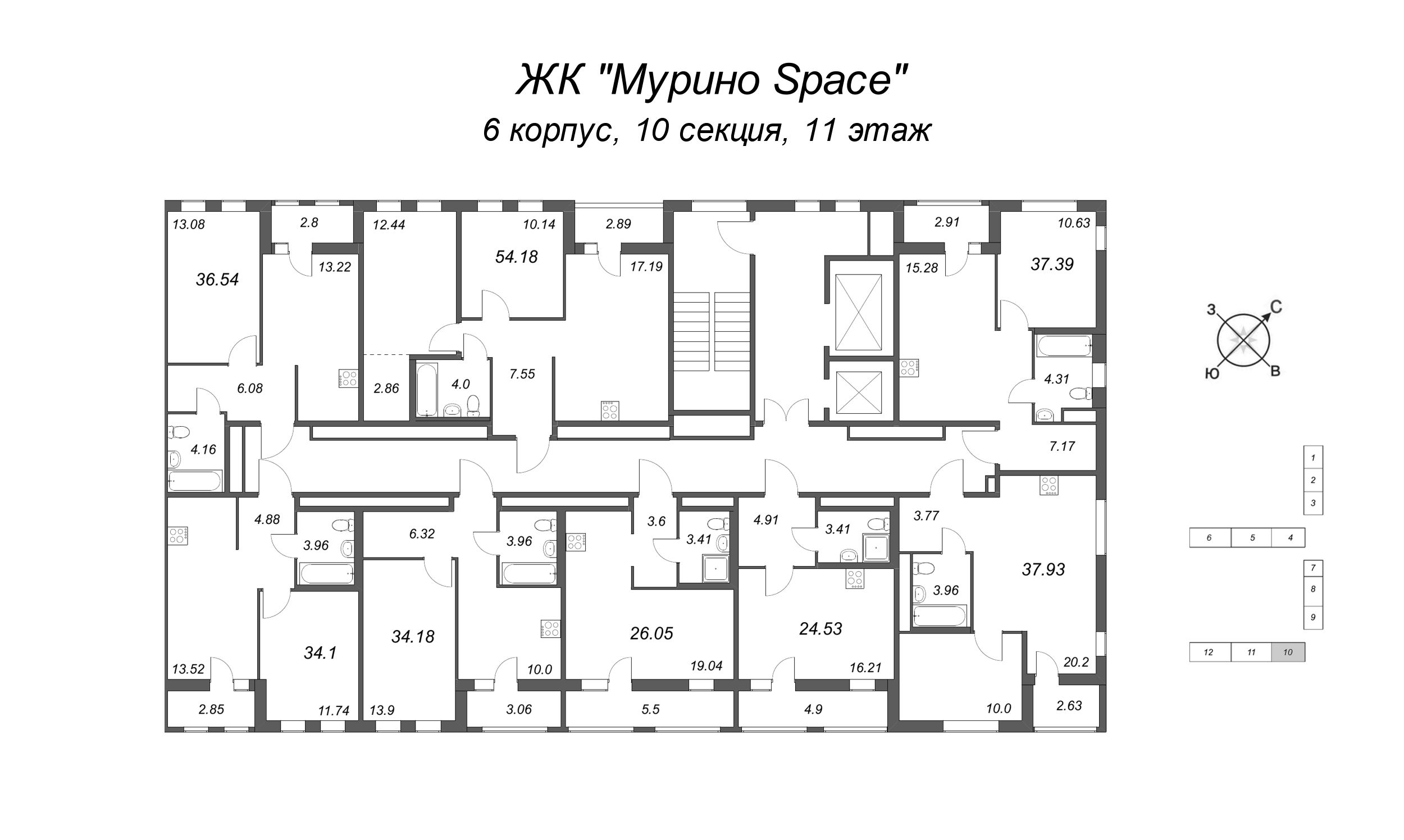 3-комнатная (Евро) квартира, 54.18 м² - планировка этажа