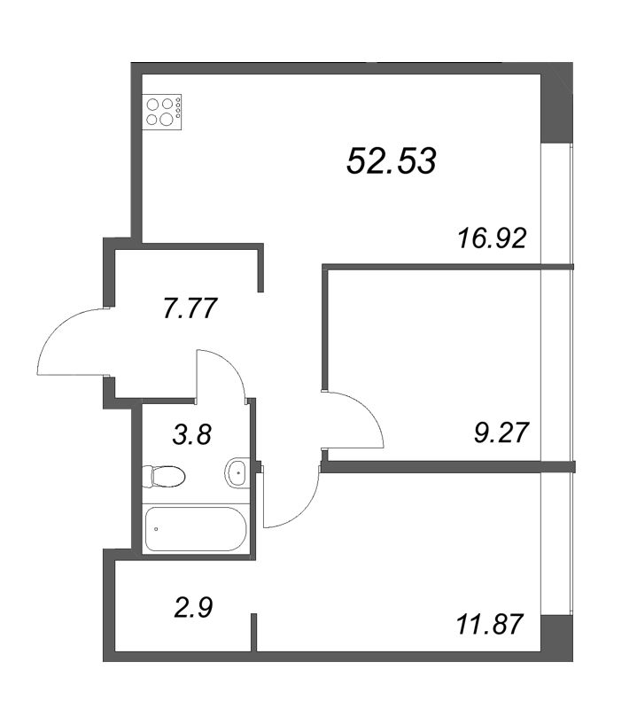 3-комнатная (Евро) квартира, 52.53 м² - планировка, фото №1