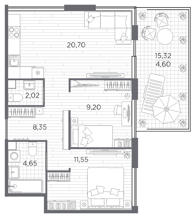 3-комнатная (Евро) квартира, 61.07 м² в ЖК "PLUS Пулковский" - планировка, фото №1