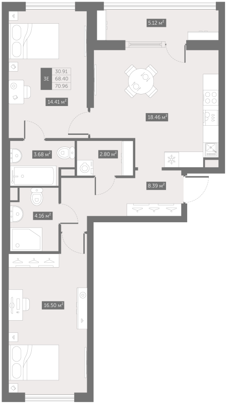 3-комнатная (Евро) квартира, 70.96 м² в ЖК "UP-квартал Новый Московский" - планировка, фото №1