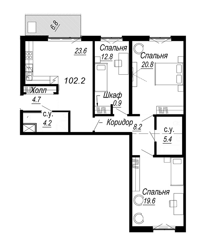 4-комнатная (Евро) квартира, 104.47 м² в ЖК "Meltzer Hall" - планировка, фото №1