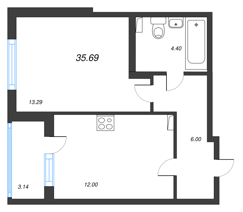 1-комнатная квартира, 35.69 м² в ЖК "Любоград" - планировка, фото №1