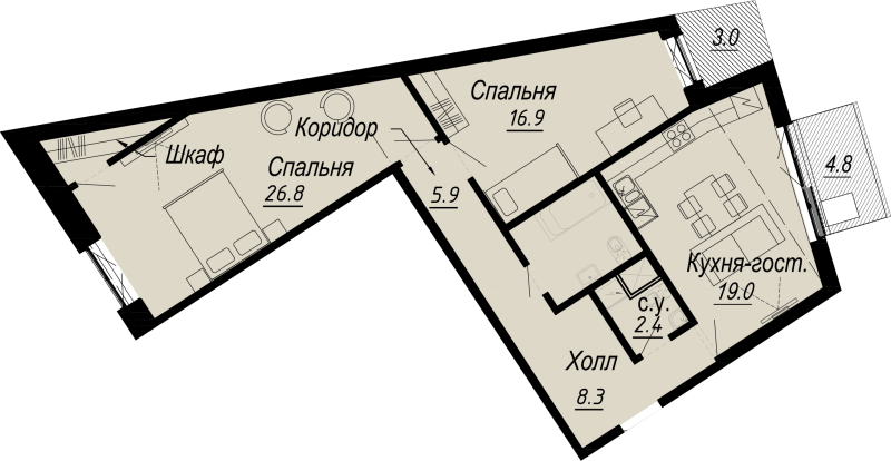 3-комнатная (Евро) квартира, 84.6 м² - планировка, фото №1