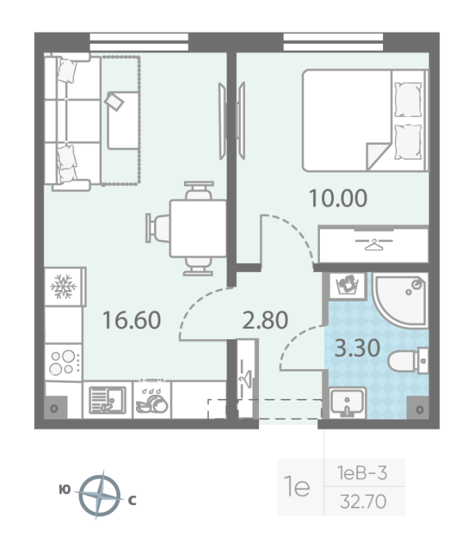 2-комнатная (Евро) квартира, 32.7 м² в ЖК "ЛСР. Ржевский парк" - планировка, фото №1
