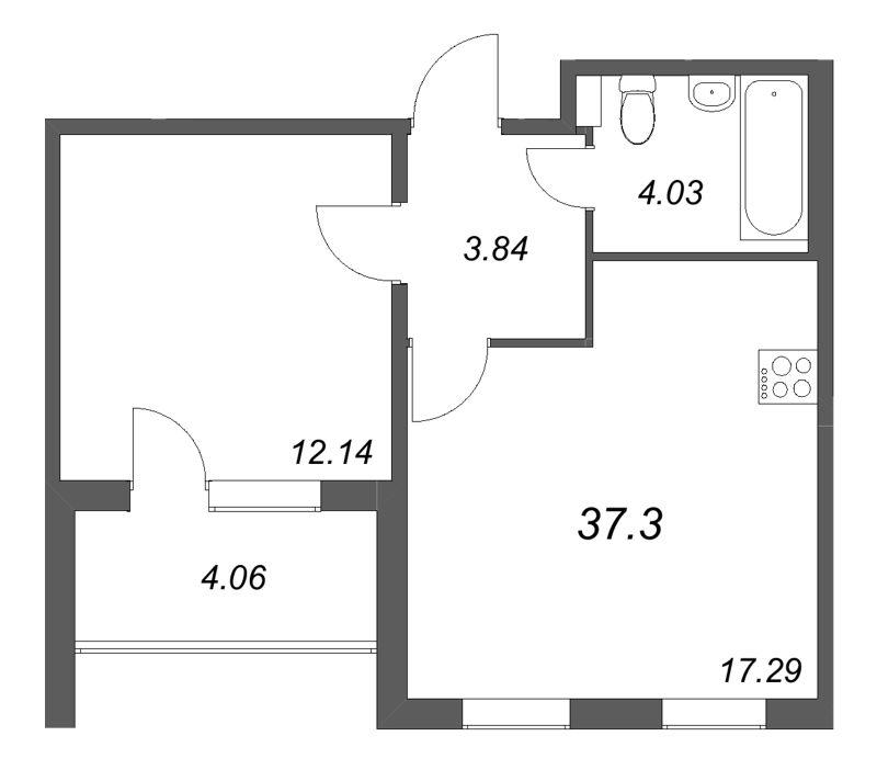 2-комнатная (Евро) квартира, 37.3 м² в ЖК "Любоград" - планировка, фото №1