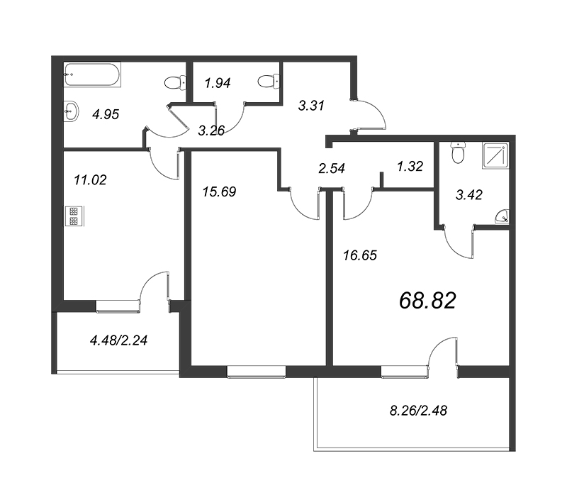 2-комнатная квартира, 64.1 м² - планировка, фото №1