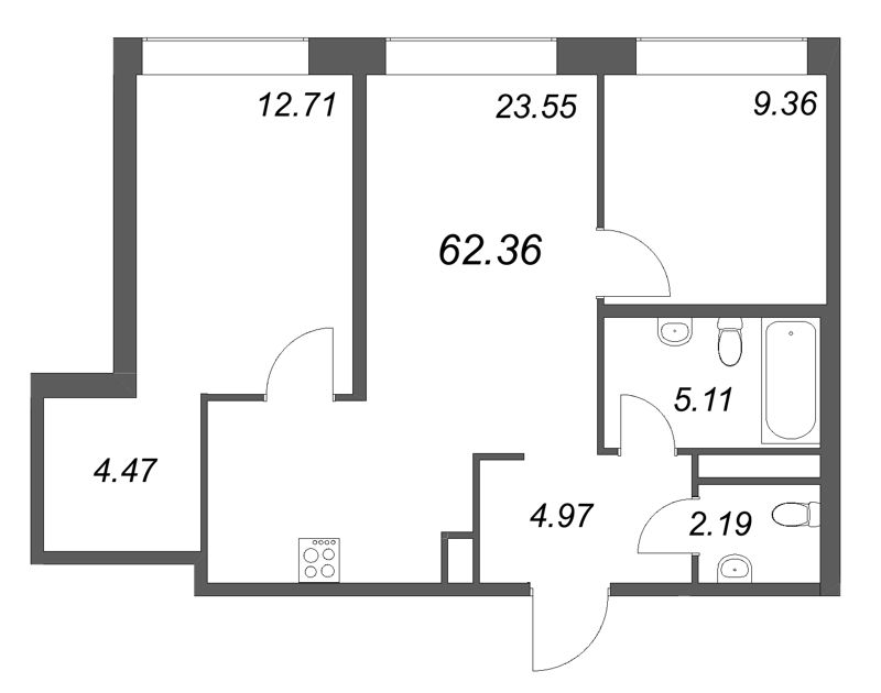 3-комнатная (Евро) квартира, 62.36 м² в ЖК "Avant" - планировка, фото №1