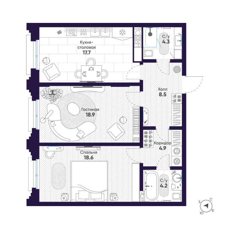 3-комнатная (Евро) квартира, 77.1 м² в ЖК "Mariinka Deluxe" - планировка, фото №1