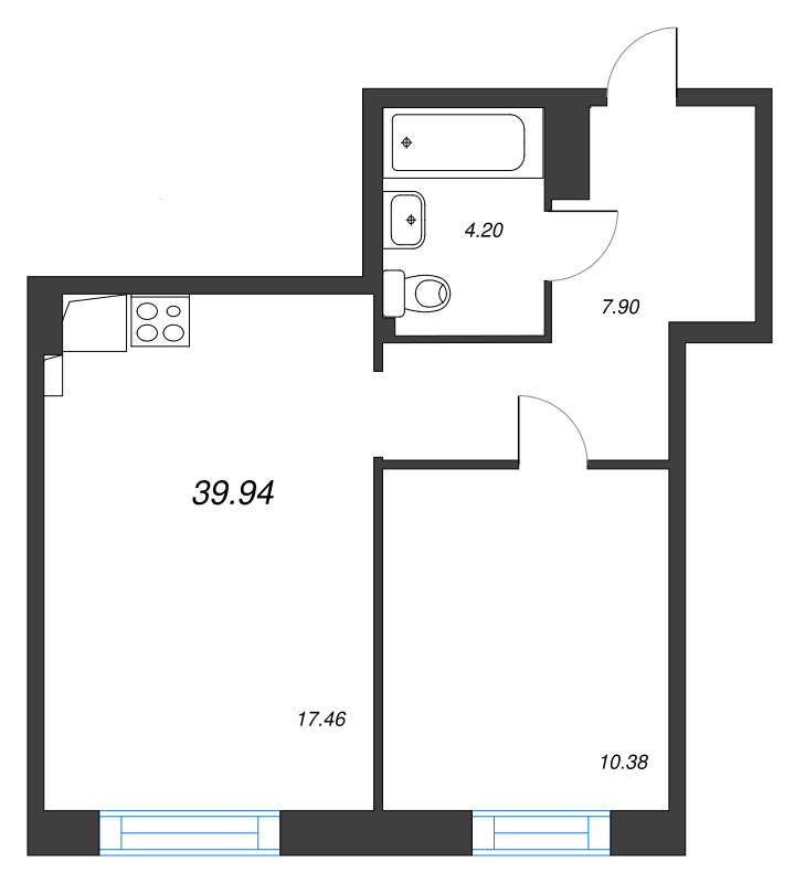 2-комнатная (Евро) квартира, 39.94 м² в ЖК "ОРО от Аквилон" - планировка, фото №1