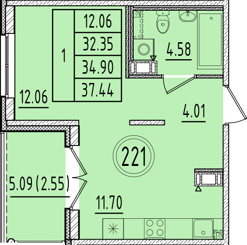 1-комнатная квартира, 32.35 м² в ЖК "Образцовый квартал 6.4" - планировка, фото №1