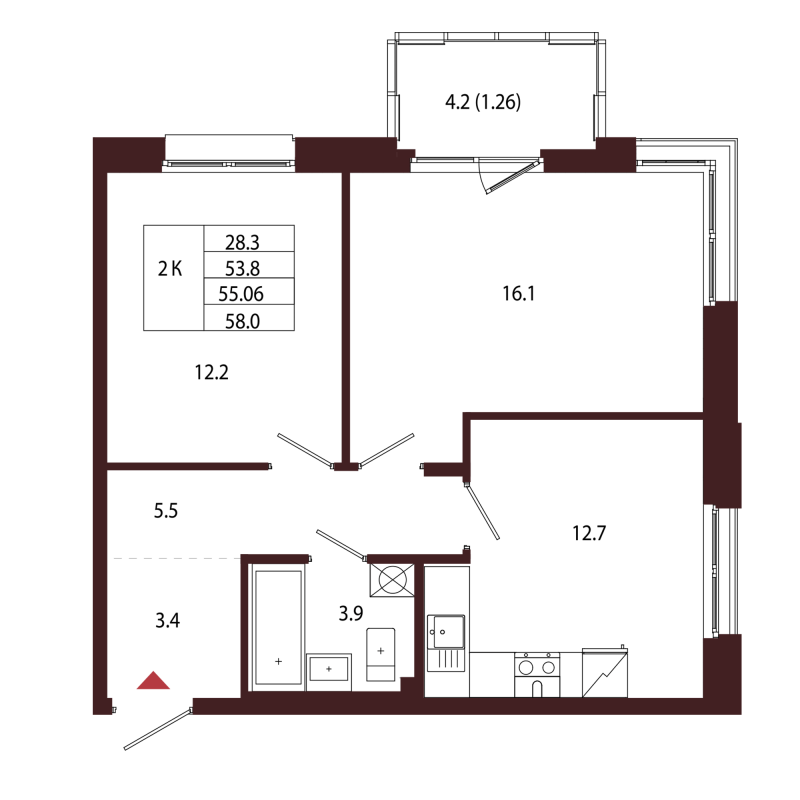 2-комнатная квартира, 55.06 м² - планировка, фото №1