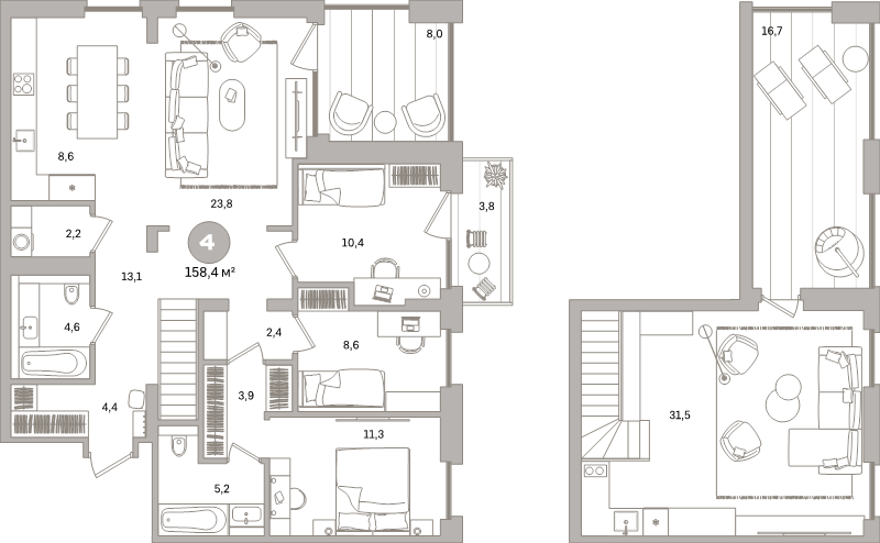 5-комнатная (Евро) квартира, 158.4 м² в ЖК "Северный ветер" - планировка, фото №1