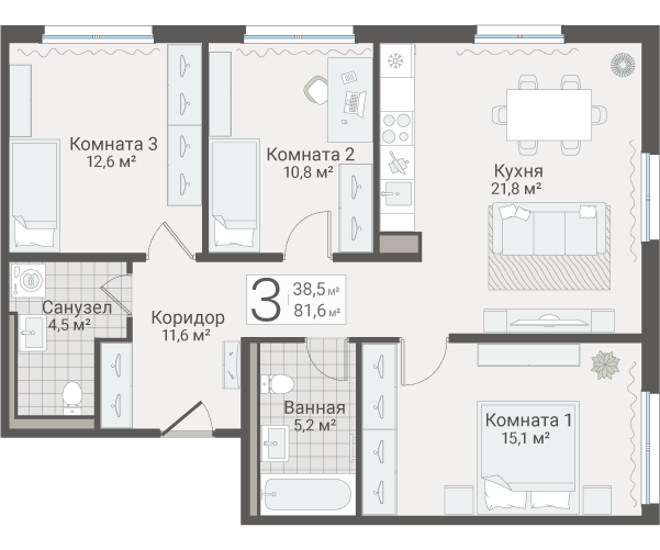 4-комнатная (Евро) квартира, 81.6 м² в ЖК "Руднева 15" - планировка, фото №1