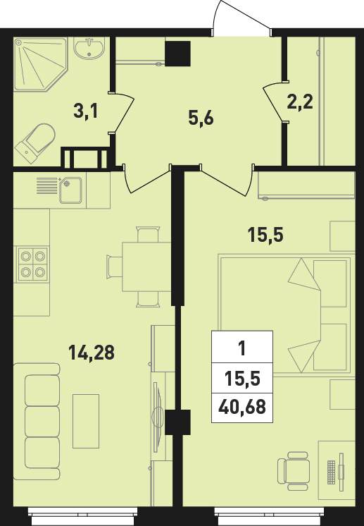 1-комнатная квартира, 40.68 м² в ЖК "Ромашки" - планировка, фото №1