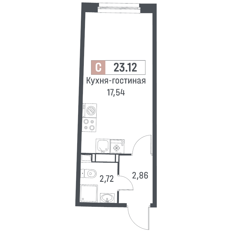 Квартира-студия, 23.12 м² - планировка, фото №1