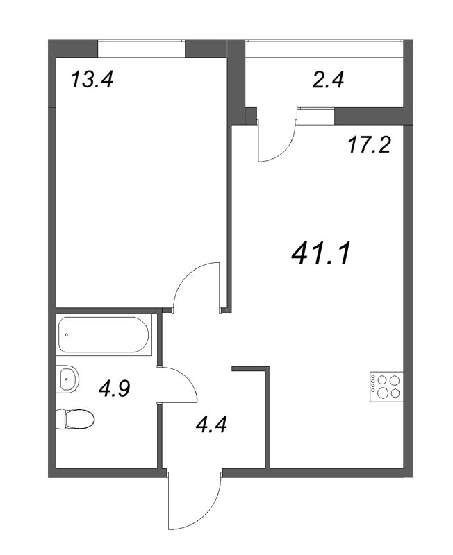 2-комнатная (Евро) квартира, 41.1 м² в ЖК "Дзета" - планировка, фото №1