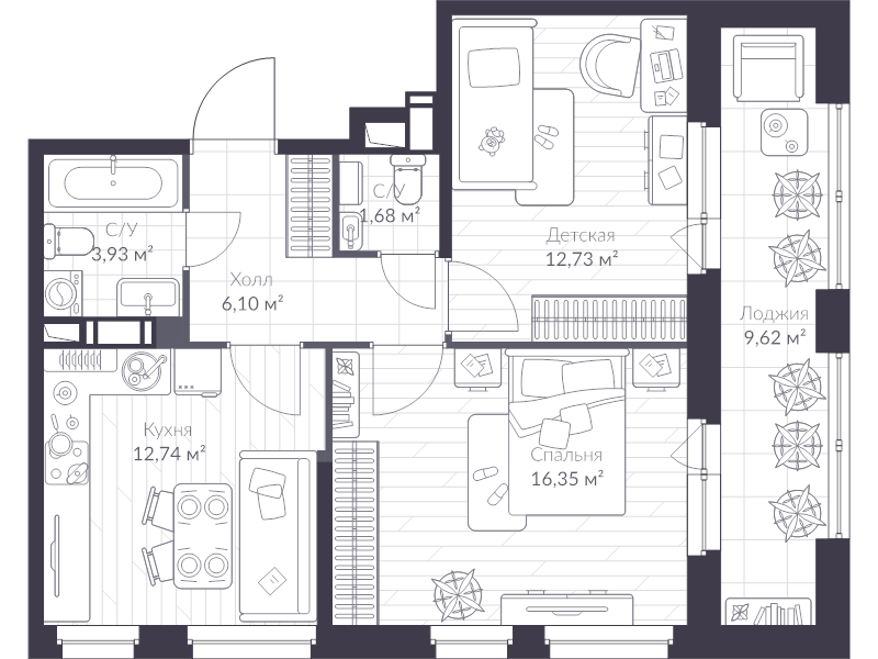 2-комнатная квартира, 59.4 м² - планировка, фото №1