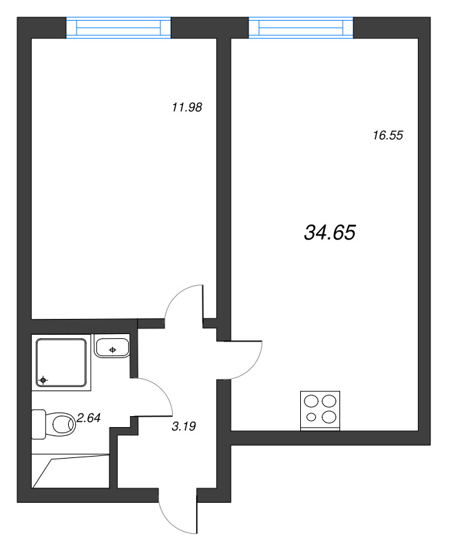 2-комнатная (Евро) квартира, 34.65 м² в ЖК "Морская миля" - планировка, фото №1