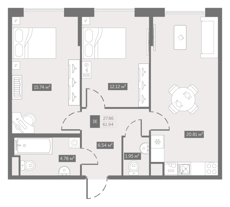 3-комнатная (Евро) квартира, 61.94 м² - планировка, фото №1