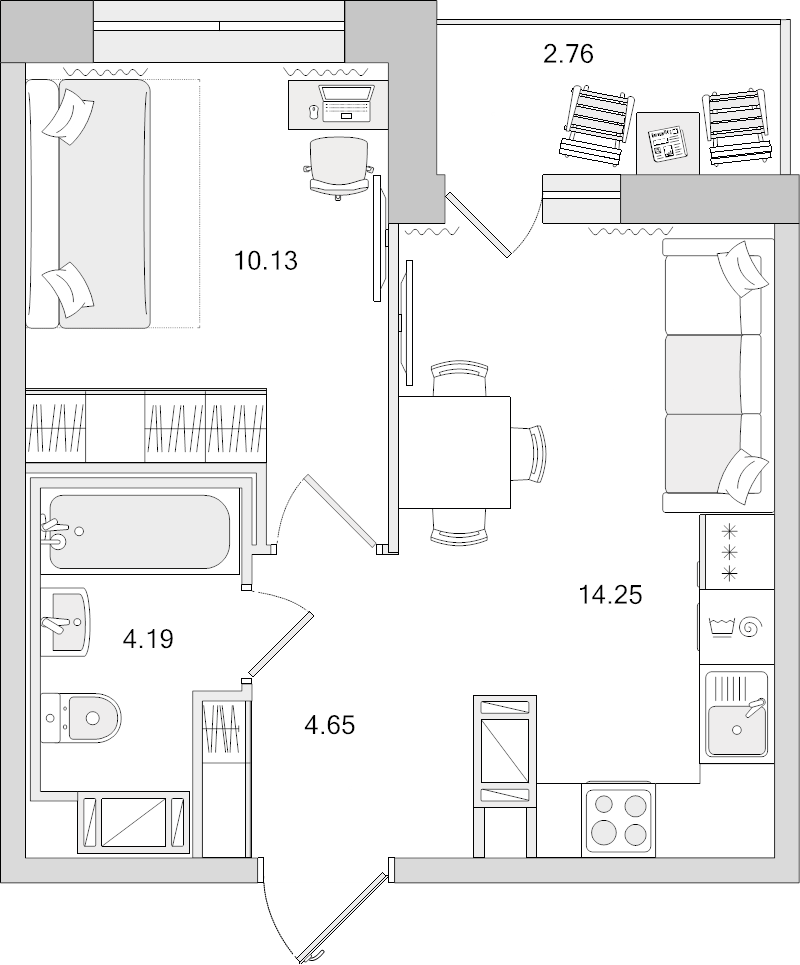 1-комнатная квартира, 33.1 м² - планировка, фото №1