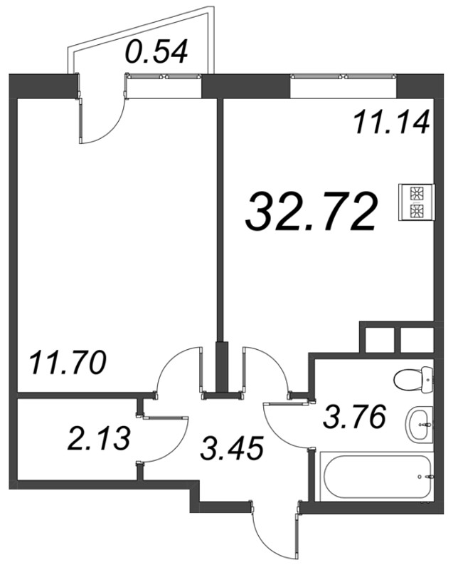 1-комнатная квартира, 32.72 м² - планировка, фото №1
