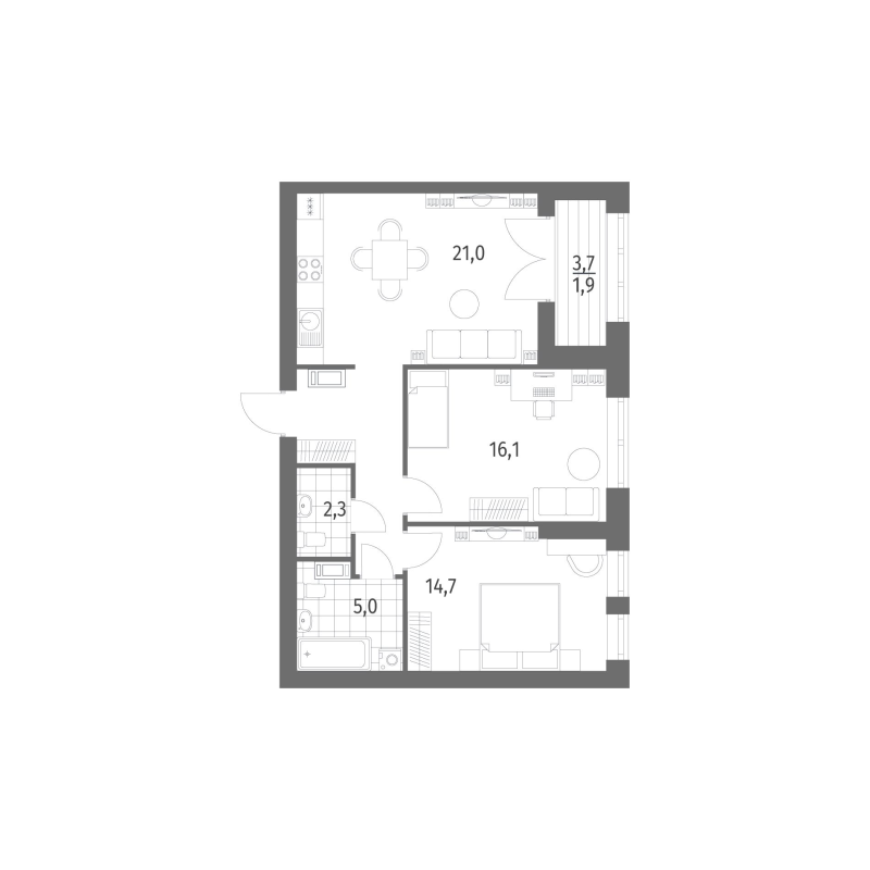 3-комнатная (Евро) квартира, 68.51 м² в ЖК "Наука" - планировка, фото №1