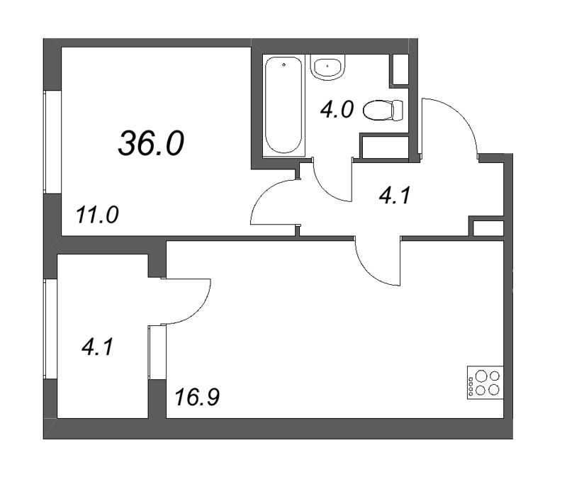2-комнатная (Евро) квартира, 36 м² в ЖК "ЮгТаун" - планировка, фото №1