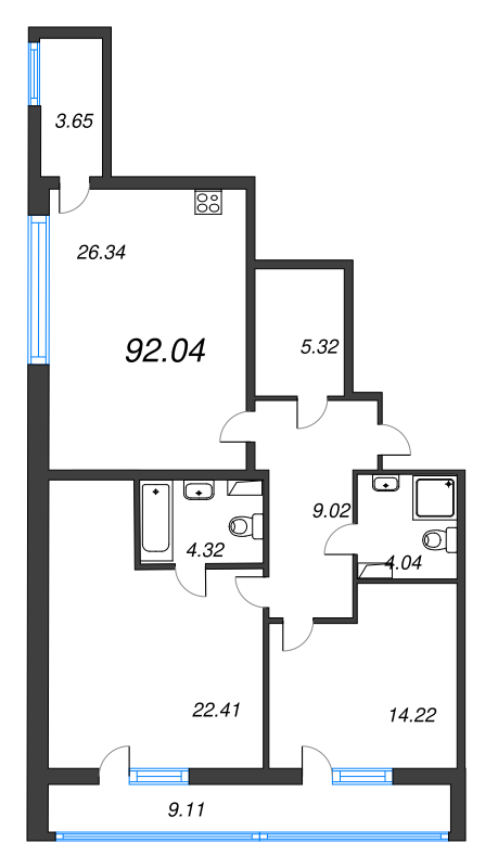 3-комнатная (Евро) квартира, 92.04 м² в ЖК "Аквилон Leaves" - планировка, фото №1