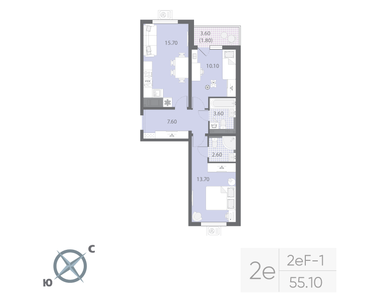 3-комнатная (Евро) квартира, 55.1 м² в ЖК "Зеркальный ручей" - планировка, фото №1