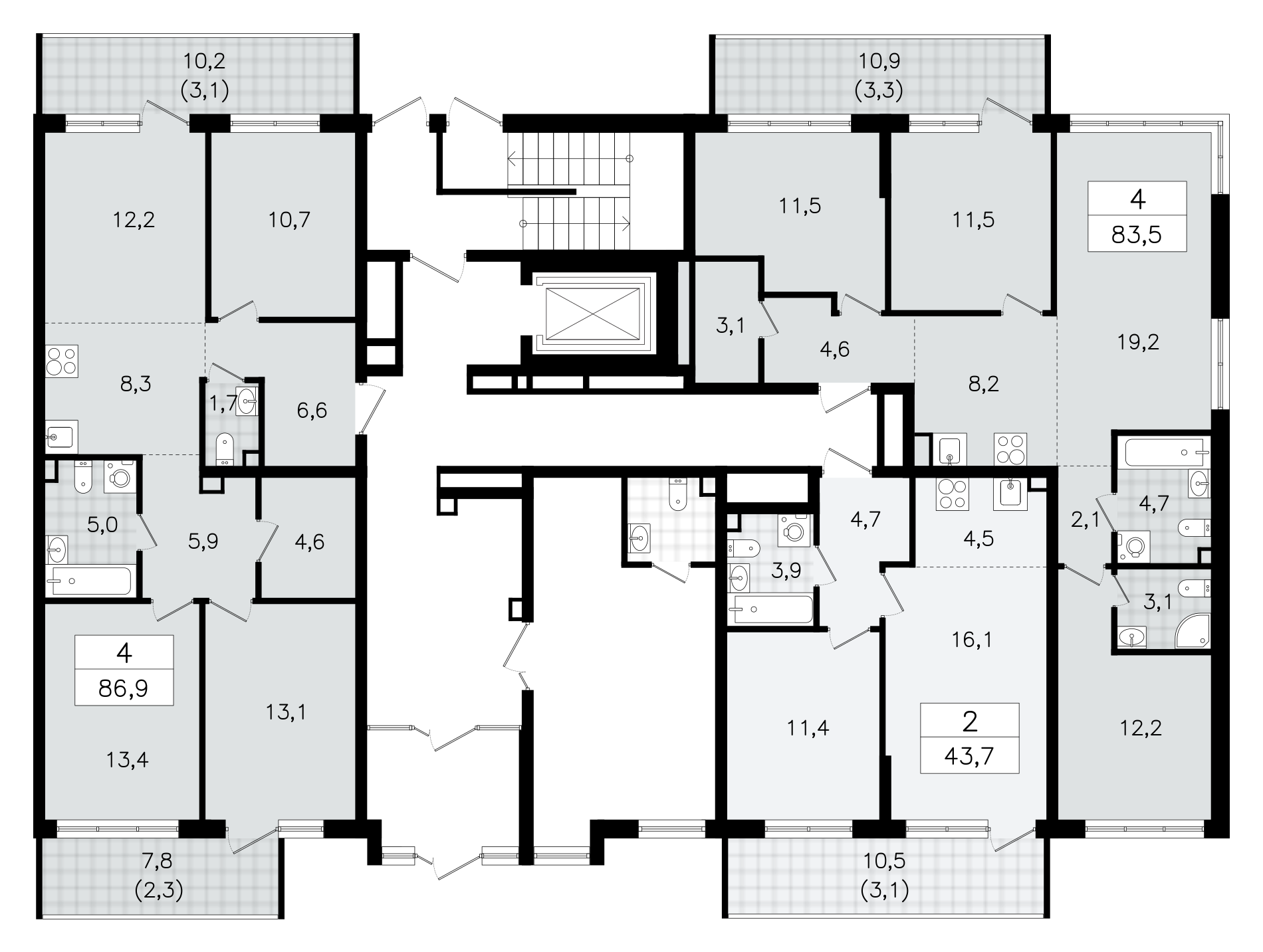 4-комнатная (Евро) квартира, 83.5 м² - планировка этажа