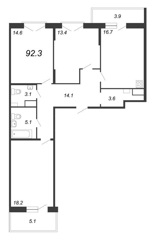 3-комнатная квартира, 94.1 м² в ЖК "Квартал Che" - планировка, фото №1