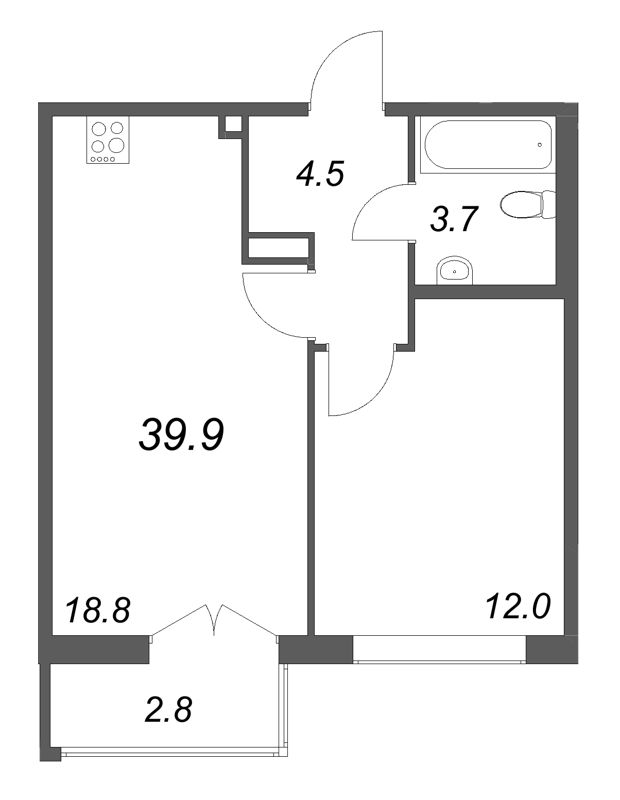 2-комнатная (Евро) квартира, 39.9 м² - планировка, фото №1