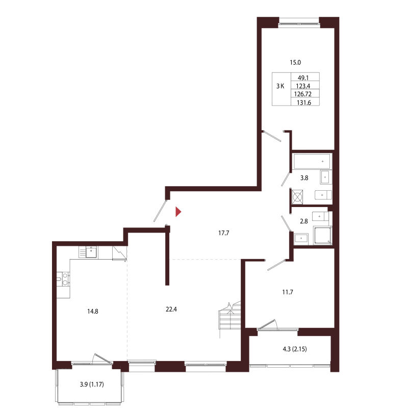 3-комнатная квартира, 126.72 м² в ЖК "Лисино" - планировка, фото №1