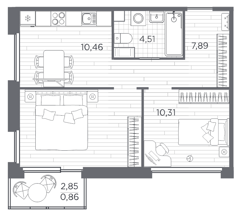 2-комнатная квартира, 47.5 м² в ЖК "PLUS Пулковский" - планировка, фото №1