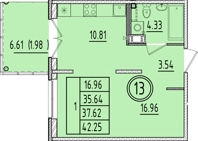 1-комнатная квартира, 35.64 м² в ЖК "Образцовый квартал 6.4" - планировка, фото №1