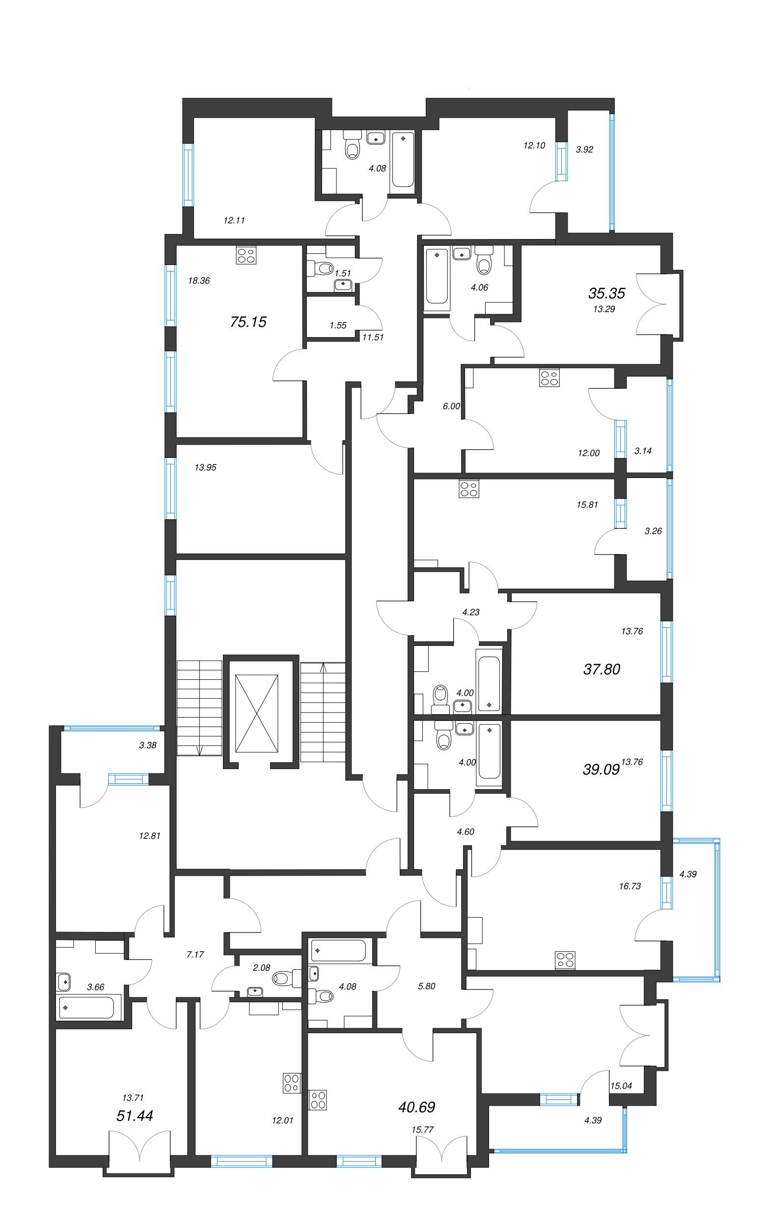 4-комнатная (Евро) квартира, 75.15 м² - планировка этажа
