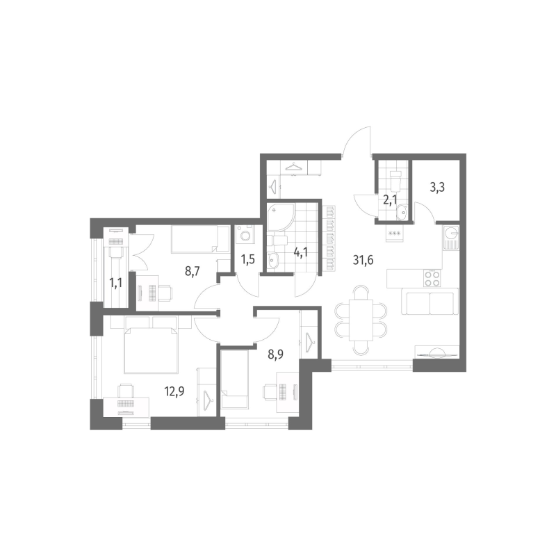 4-комнатная (Евро) квартира, 74.2 м² - планировка, фото №1