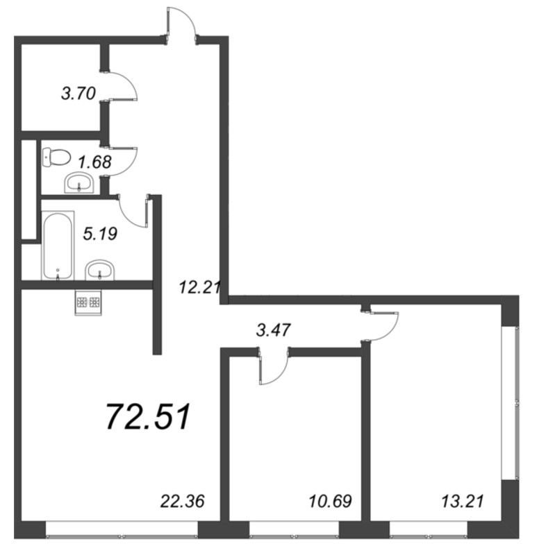 3-комнатная (Евро) квартира, 75.1 м² - планировка, фото №1